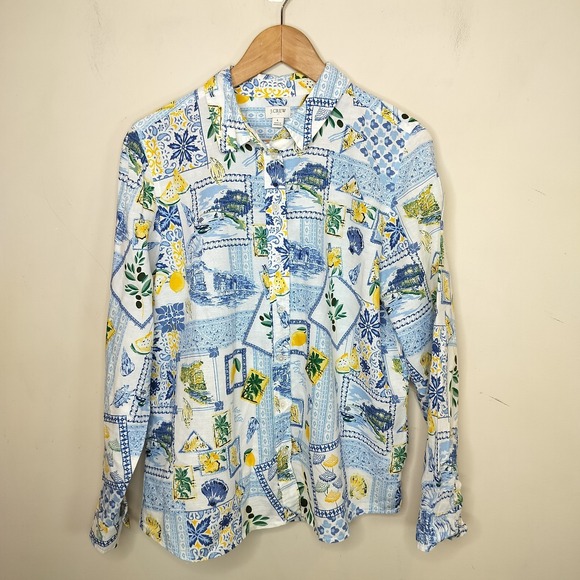 J. Crew Tops - J. Crew Linen Blend Button Up Shirt Floral Lemon Patchwork Cheerful
